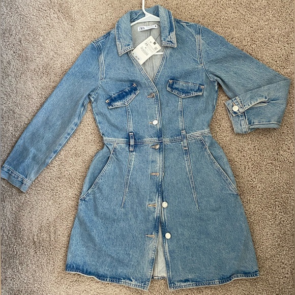 ZARA Denim Midi Shirt Dress Short lapel collar V-neck long sleeves Size XS NWT - Picture 2 of 16